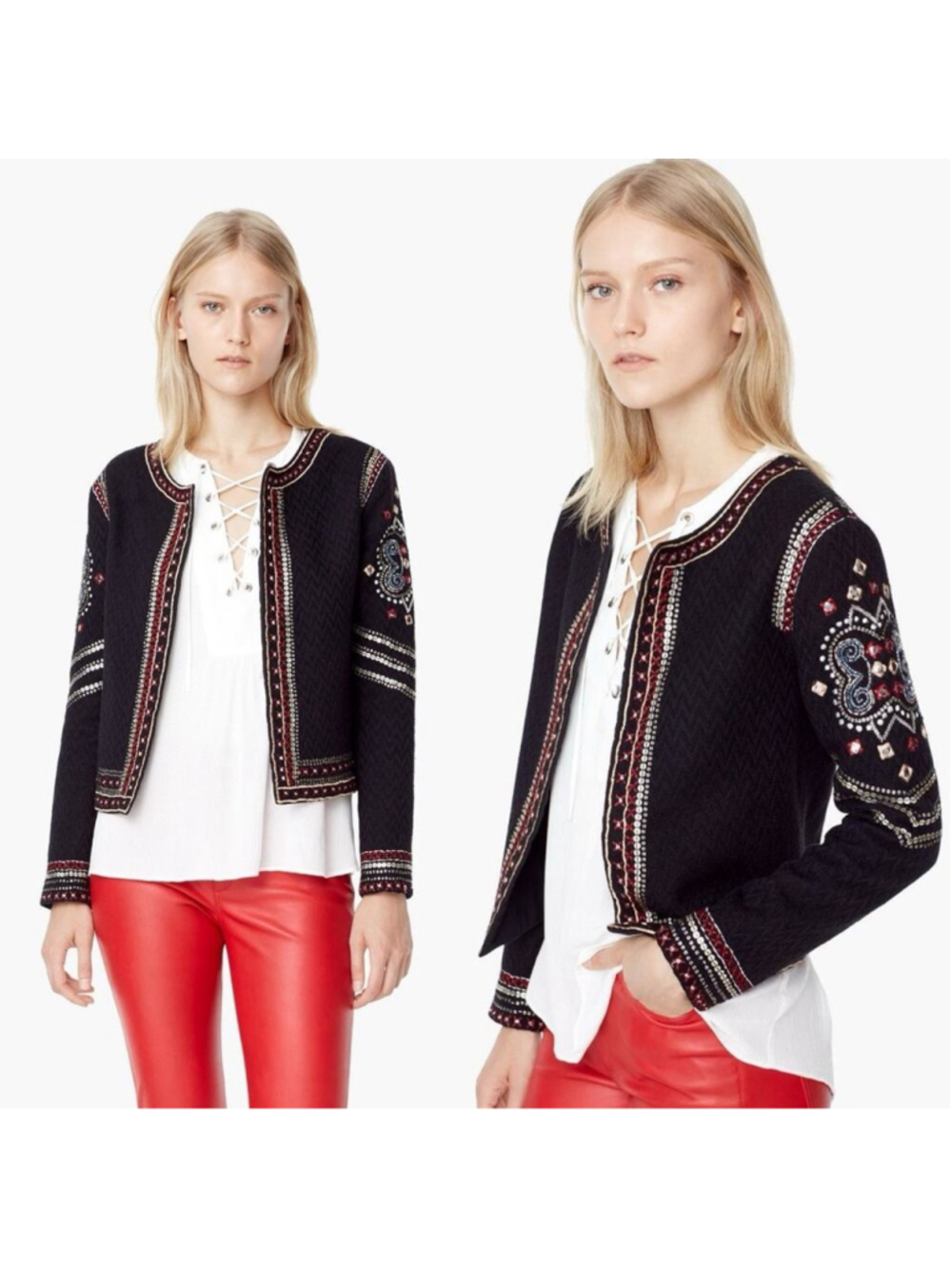 Mango MNG Embroidered Nordic Mirrored 100% Cotton Boho Funky Blazer Jacket M